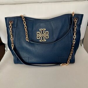 Tory Burch Britten Small Slouchy Tote in Blue/Teal with Gold Chain Strap